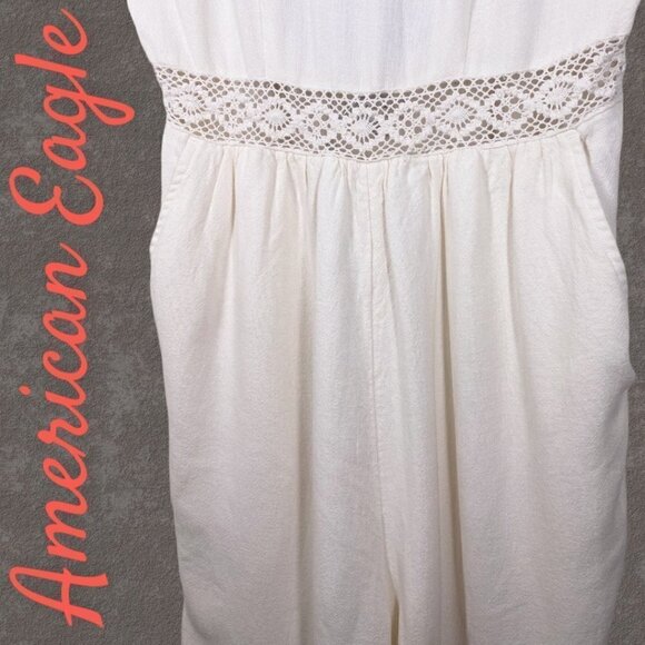 AMERICAN EAGLE Linen Blend Ivory Crochet Cross Strap Jumpsuit, Size Small - Picture 5 of 12